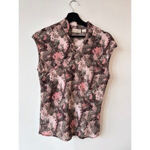 Vintage Caviar Blouse Womens Large Floral Mandarin Collar Cap Sleeve Retro Top